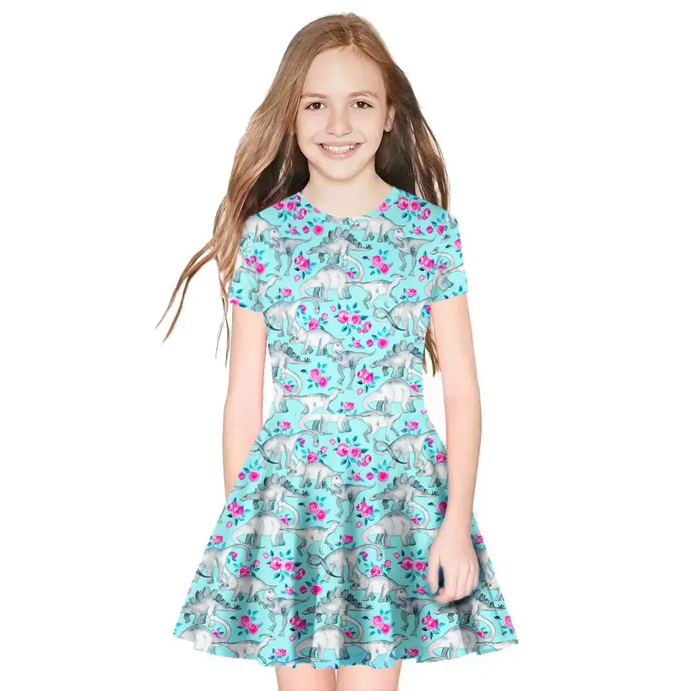 

2019 Spring Summer Girls Dinosaur Digital Cartoon Print Short-Sleeved Dress Girl Slim Cute Pleated Dress 8-11T