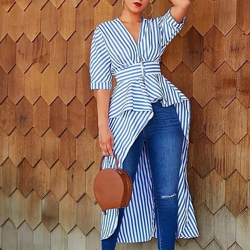 

Irregular Women's V-Neck Striped Long Shirt Top Black High Waist Short Sleeve Feminine Blouse 2019 Summer Patchwork Shirts Tops