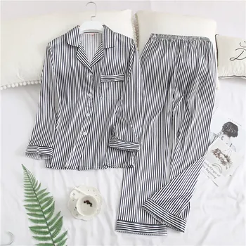 

Striped Sweet Girls Sleepwear Spring Long Sleeve Pajama Set Rayon Satin 2PCS Nightwear Casual Home Wear Pijamas Pyjamas M-XXL