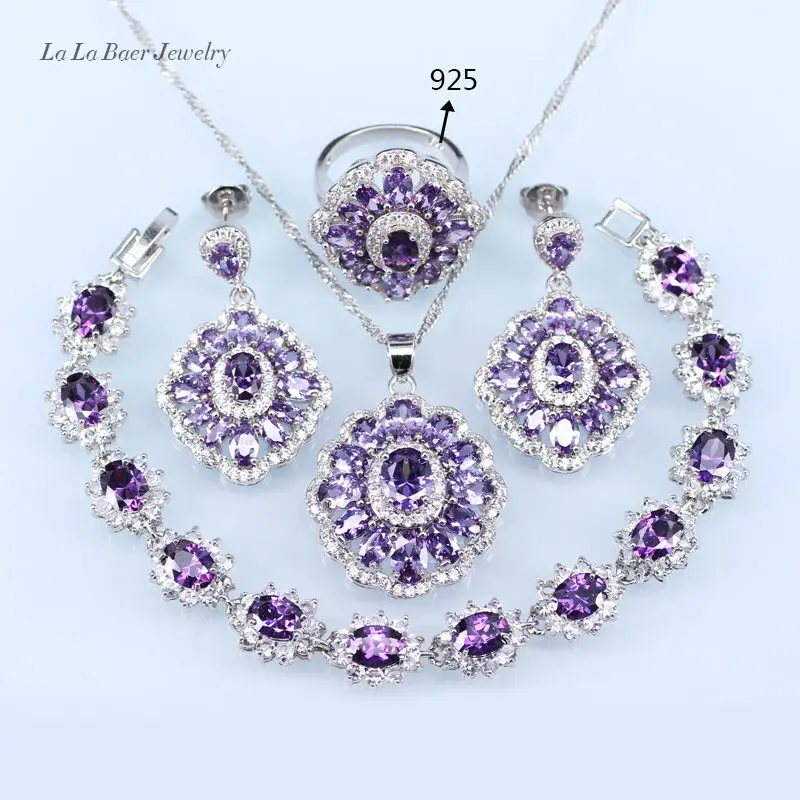 

L&B Bridal Jewelry Sets Purple Rhinestone White CZ silver Color 925 Stamp women Jewelry Bracelet/earrings/Necklace/Ring