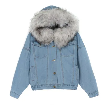 

women jean jacket Winter Thick Jean Jacket Faux Fur Collar Fleece Hooded Denim Short Coat Slim Female Warm Denim Outwea #60