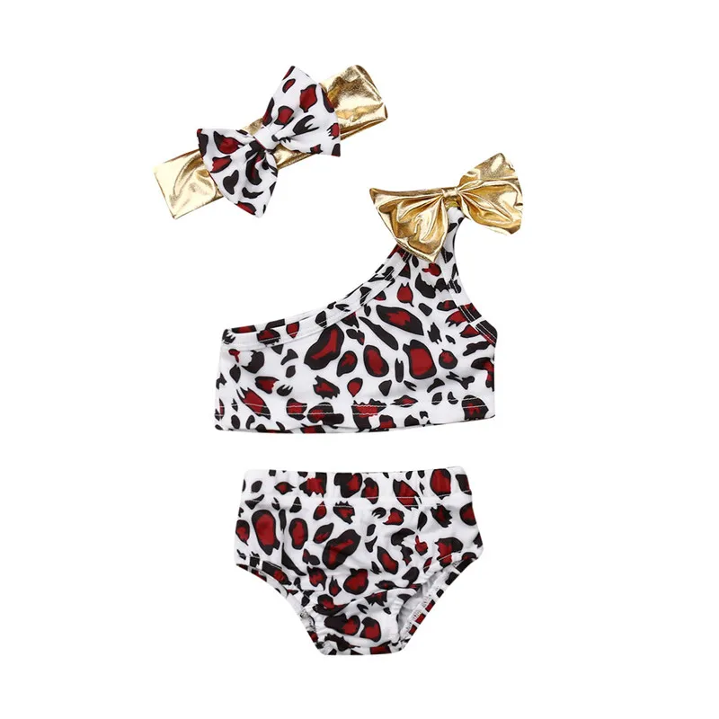 

0-36 Months Baby Girls Swimsuit Set Cute Leopard Print Children Swimwear One Shoulder Bikini Set Baby Girl Hairband Children Set