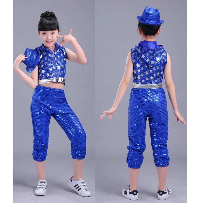 Red Blue Kids Sequined Modern Hip Hop dancing Outfits Girls Jazz Tap Dance costumes Children's Stage wear Ballroom Party Costume