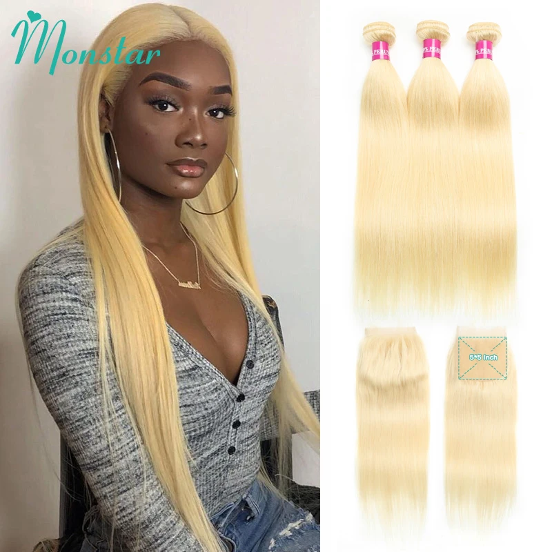 

Monstar 613 Blonde Bundles with 5x5 Lace Closure Peruvian Straight Unprocessed Human Hair 8 - 28 Inch 3 Bundles with 613 Closure