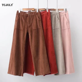 

TCJULY New Vintage Solid Corduroy Wide Leg Pants High Waist Loose Casual Women's Trousers Streetwear Straight Pants With Pockets