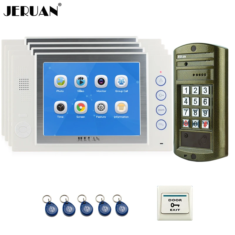 JERUAN 8 дюймов видео домофон Системы комплект 4 запись монитор + новые металлические Водонепроницаемый пароль доступа HD Mini камера 1V4