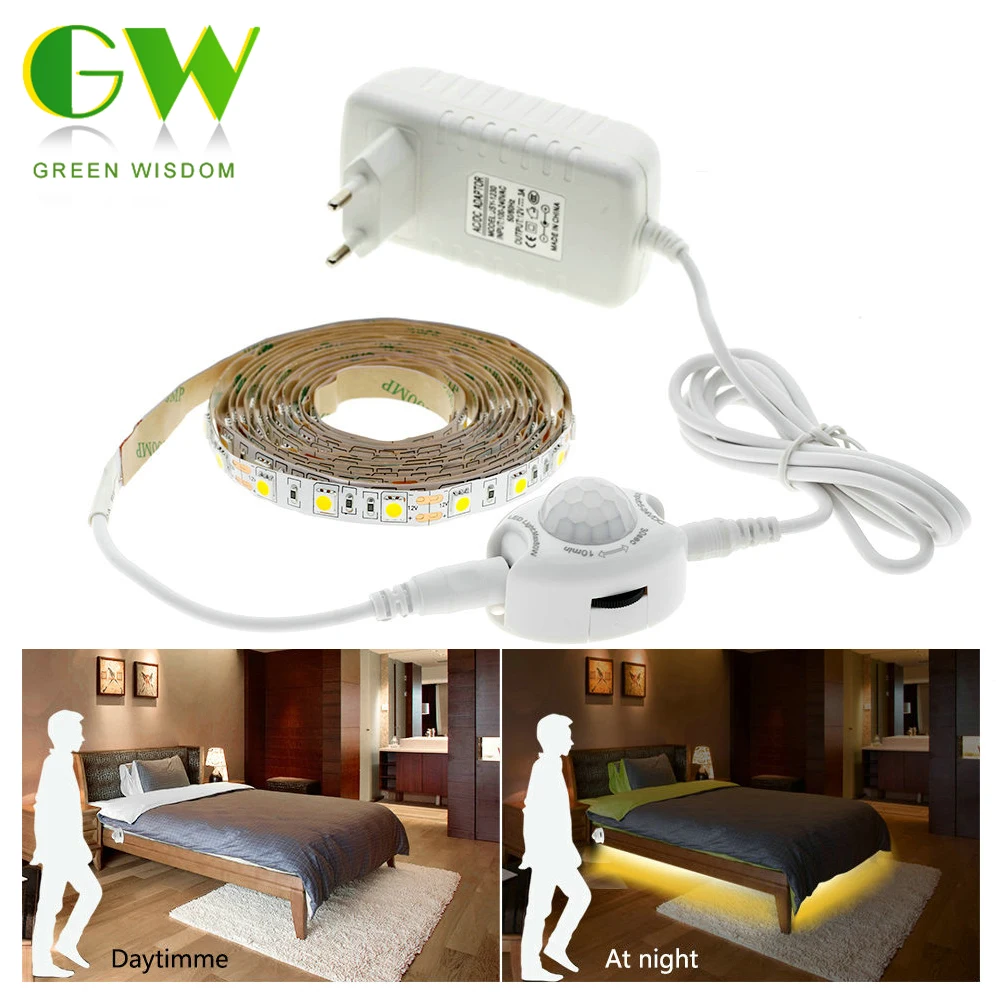 

Pir Motion Sensor LED Strip 5050 Waterproof 30LEDs/m Warm White + Intelligent Sensor Light Control Bedroom Lighting