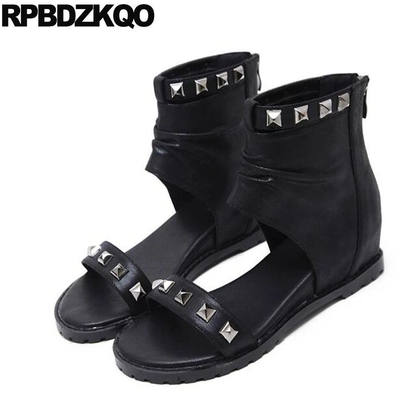 

Shoes Short Stud Women Ankle Boots Medium Heel Cheap Rivet Open Toe High Black Height Increasing Wedge 2017 Sandals Summer