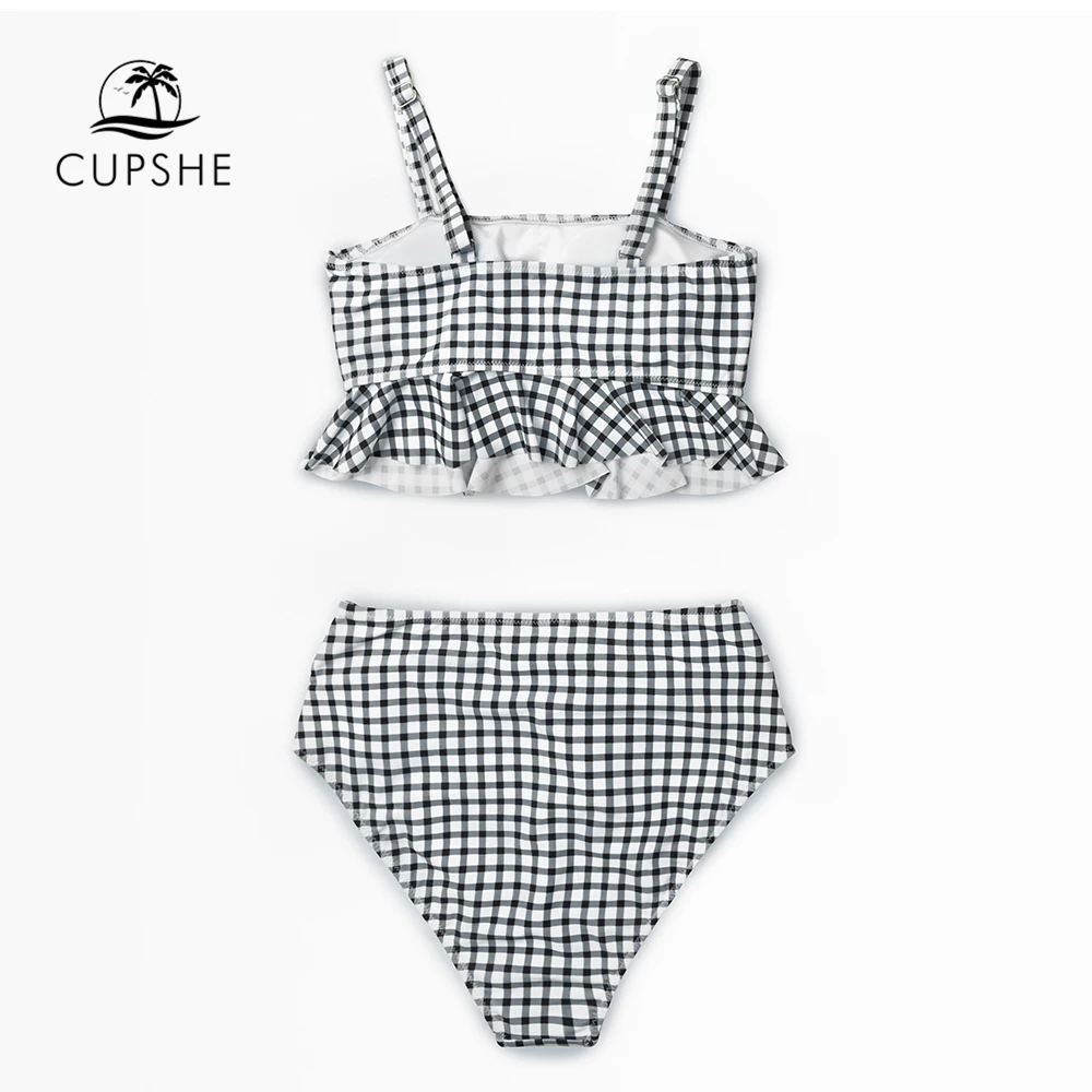 Online CUPSHE Schwarz Und Weiß Gingham Rüschen Bikini Sets Frauen Hohe Taille Gürtel Tank Zwei Stück Badeanzüge 2020 Mädchen Nette Bade anzüge