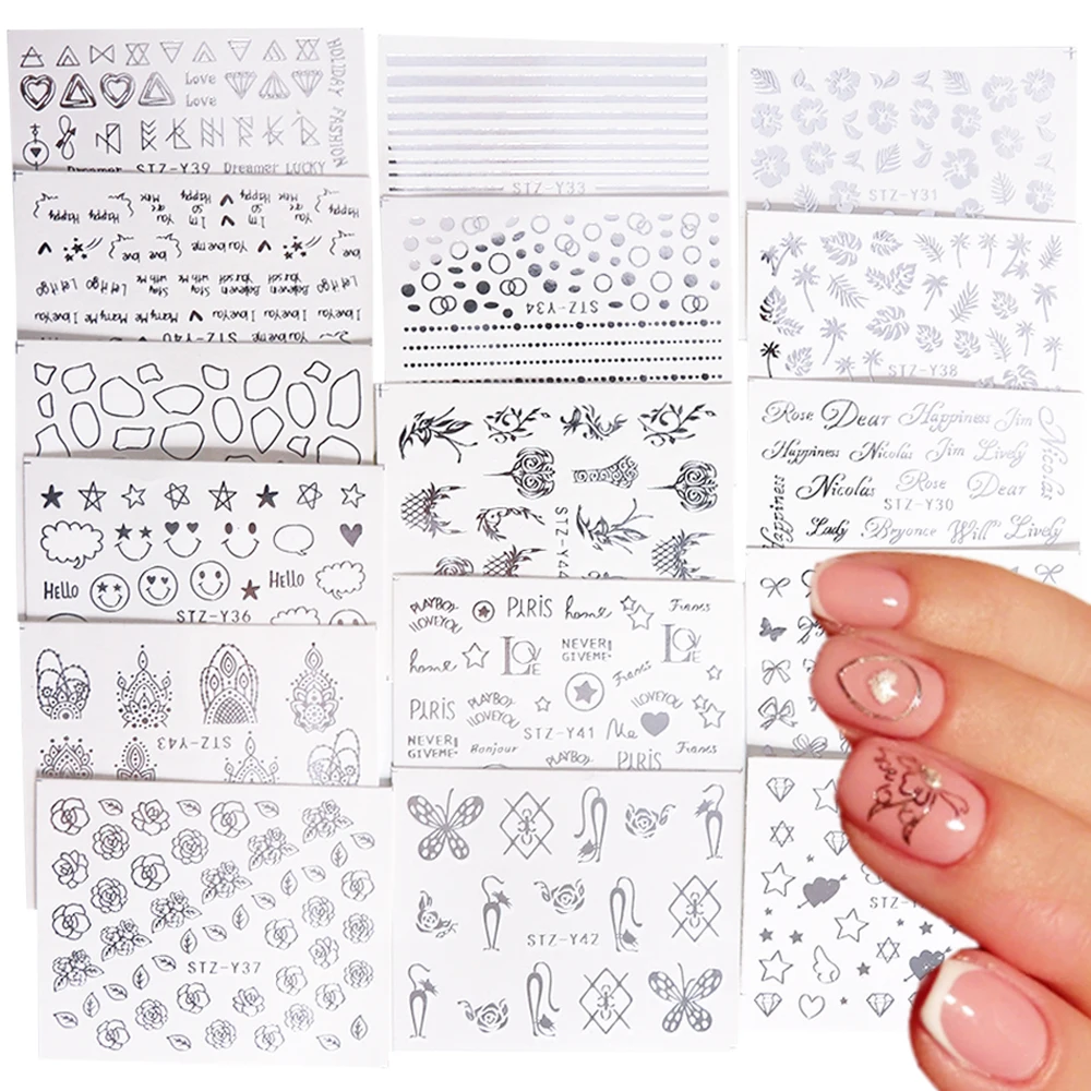 16 дизайнерские наклейки для ногтей переводные наклейки для ногтей серебряные цветы ювелирные изделия тату слайдеры маникюрные украшения TRSTZ-YS16