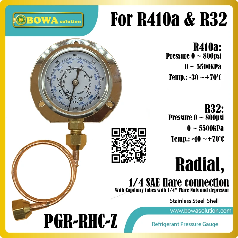 0~ 800PSI, радиальный, ASTM304 манометр из нержавеющей стали с капиллярной трубкой с 1/" SAE манометр и манометр для блока R410a