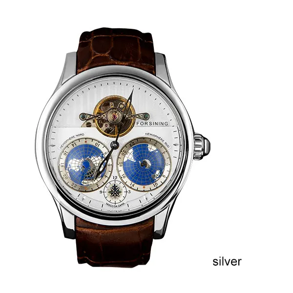 FORSINING Лидирующий бренд деловые часы для мужчин 30 м водонепроницаемый турбийон автоматические наручные часы 3D земля циферблат кожаный ремешок - Цвет: Silver White