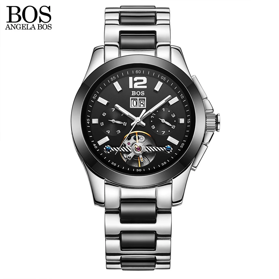 

ANGELA BOS Luxury Ceramics Stainless Steel Skeleton Automatic Watch Mens Mechanical Waterproof Date Week Luminous Wrist Watches