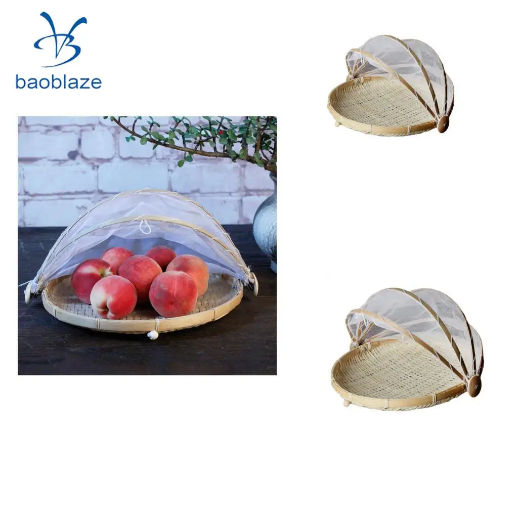 2xBamboo Tent Basket Serving Food Outdoor Picnic Pop Up Mesh Net Cover Round