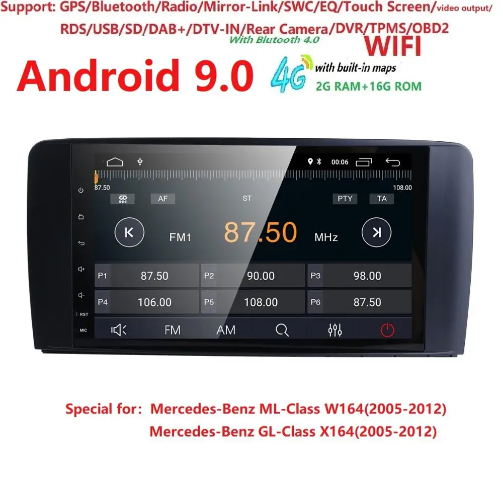 

2din Car Radio gps Android 9.0 NO-DVD Multimedia Player for Mercedes Benz ML W164 ML300 GL X164 GL320 350 420 450 500 R W251280