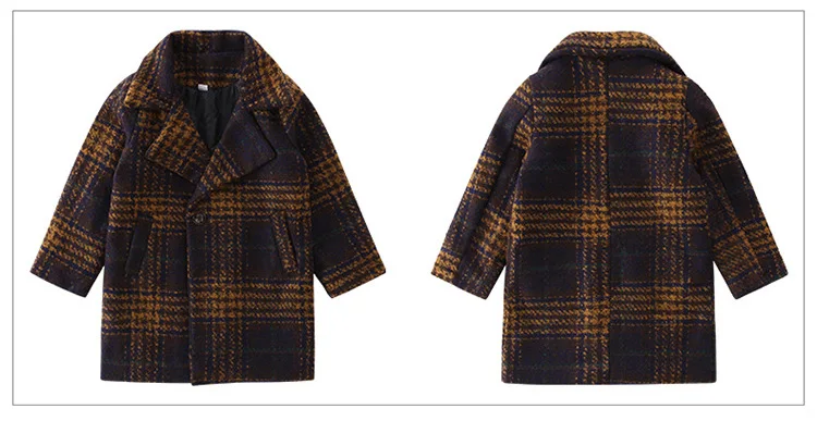 Длинное шерстяное пальто для мальчиков зимние пальто теплая клетчатая одежда для детей 12 лет