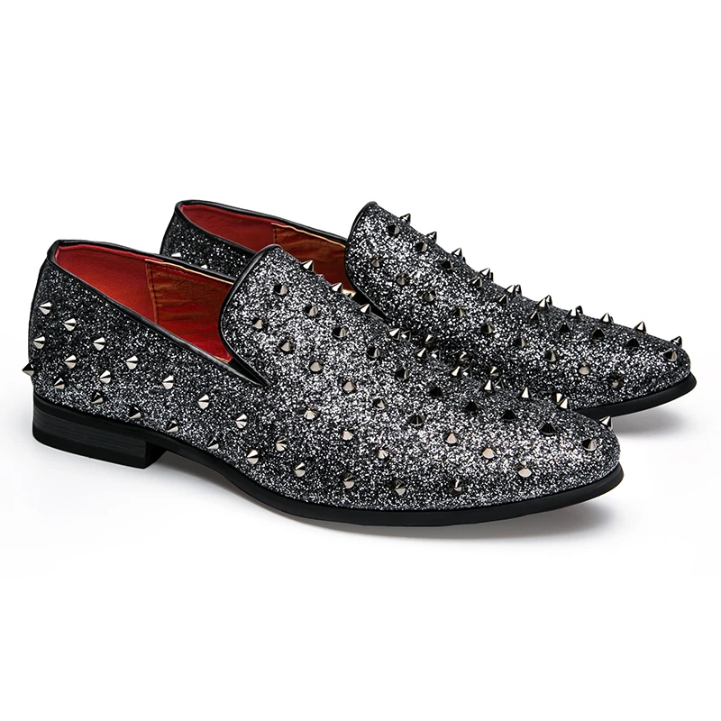 men's spike dress shoes italian silver gold slip on rhinestone loafers 2017 luxury brand unique cool male studded footwear flats (29)