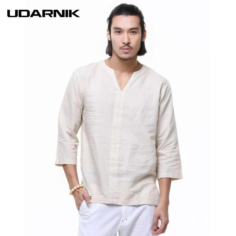 Men's Chinese Style Solid Color Loose V-neck Long Sleeve Pullover Tops 2XL