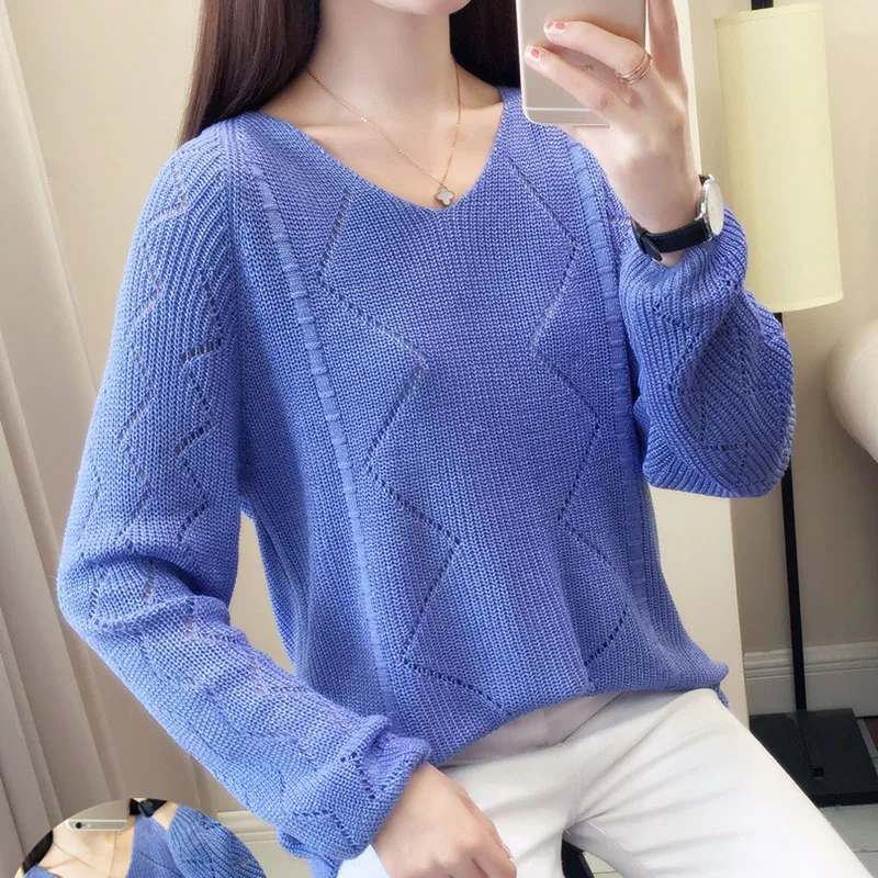 

2019 Spring Hollow Out Pullover Women Knitted Sweater Tops Summer Long Sleeve V-neck Ladies Pull Female Gold Girls Knit Sweaters