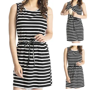 

2019 New Maternity Cotton Dresses Breastfeeding Nursing Sleeveless Striped Dress Ropa Premama Maternity Summer Dress S-3XL