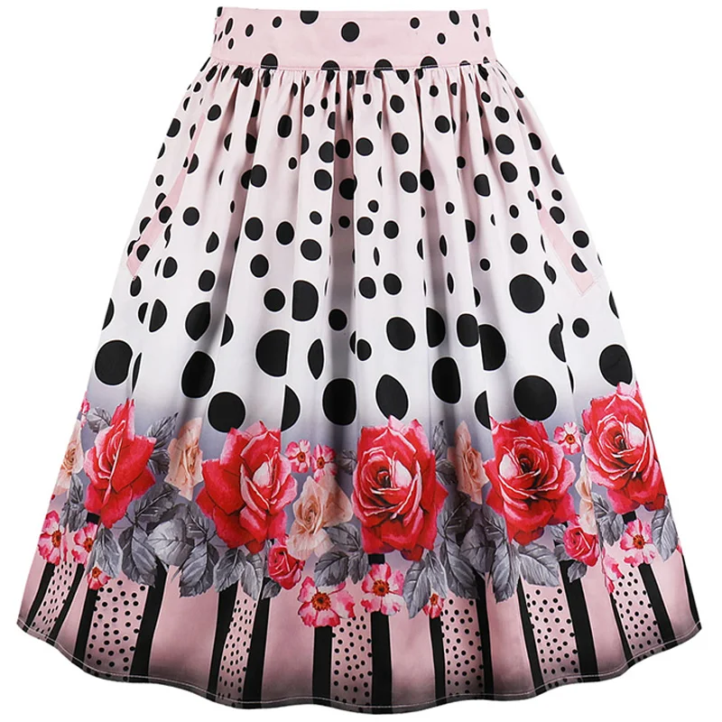 Kostlich Summer Rose Print Pocket Skirts Women High Waist Skirt Vintage A-Line Casual Big Swing Women Midi Skirt  PLus Size 4XL (6)
