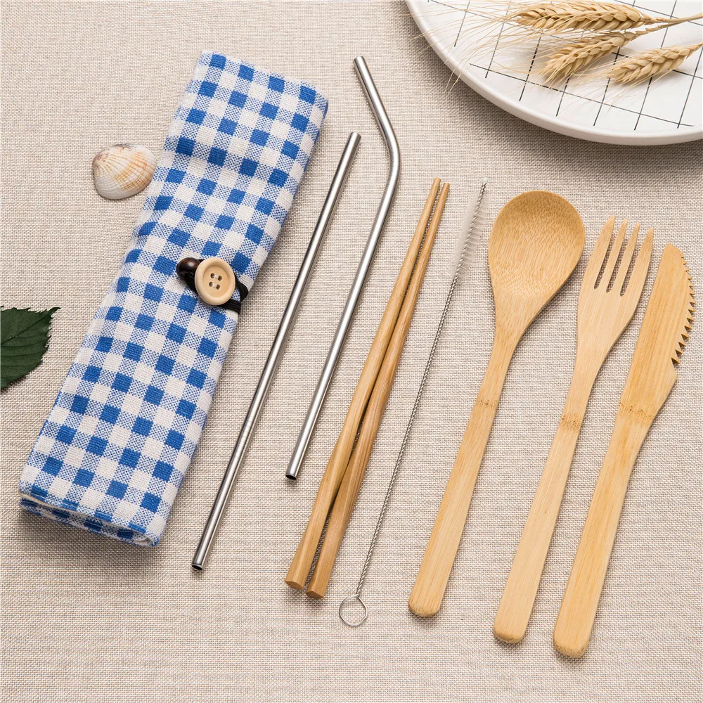 

2019new korean portable cutlery tableware set chopsticks forks knives spoons Straight Bent metal straw with close bag for travel