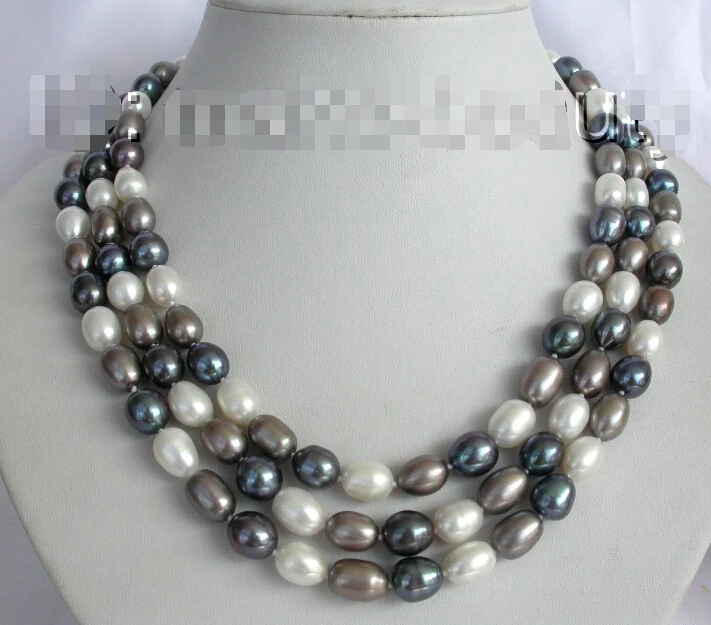 

FREE shipping>>>>stunning 3rows 11mm baroque white black gray freshwater pearl necklace d542 new