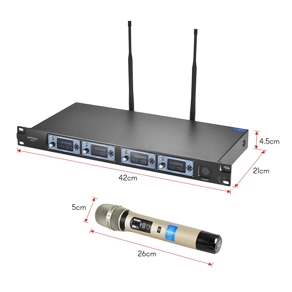 Ammoon 4D-B 4 канал частоты UHF Беспроводной Карманный микрофон системы 4 микрофона 1 беспроводной приемник 6,35 мм аудио кабель ЖК-дисплей