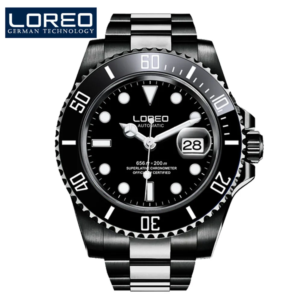 

LOREO Brand Classic Black Watches 316L Steel Automatic Mechanical Watch Men Diving 200M Waterproof Auto Date Luminous Watch Mens