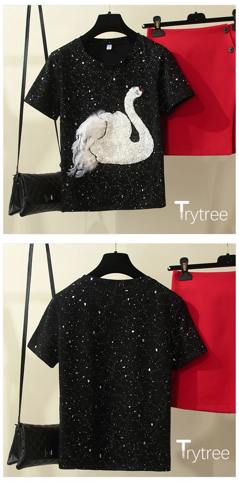 Trytree летний осенний женский топ из двух частей, повседневный топ+ юбка, модный женский офисный костюм из полиэстера с круглым вырезом, комплект из 2 предметов