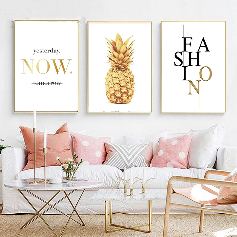 

Nordic Canvas Painting Pineapple Gold Quotes Posters and Prints Minimalist Wall Art Pictures for Living Room Modern Home Decor