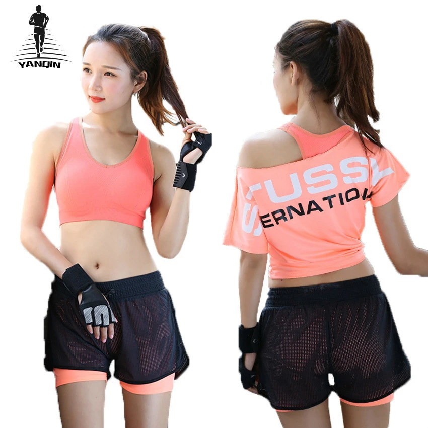 YANQIN 2018 nuevo verano Yoga deportes Fitness traje conjunto sujetador 3 piezas de manga corta Mujer ropa deportiva correr formación ropa|Conjuntos de yoga| - AliExpress