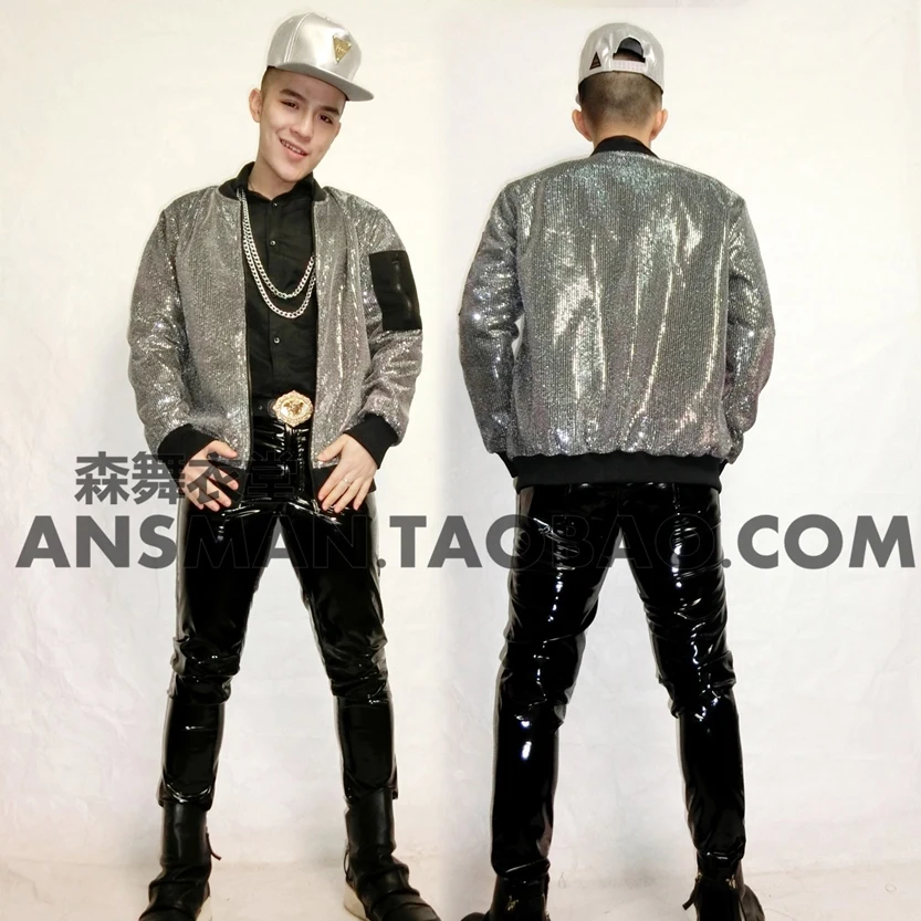 

NigthClub Male Singer DJ costumes fashion sequins super flash baseball uniforms Singer dancer stage jacket wear