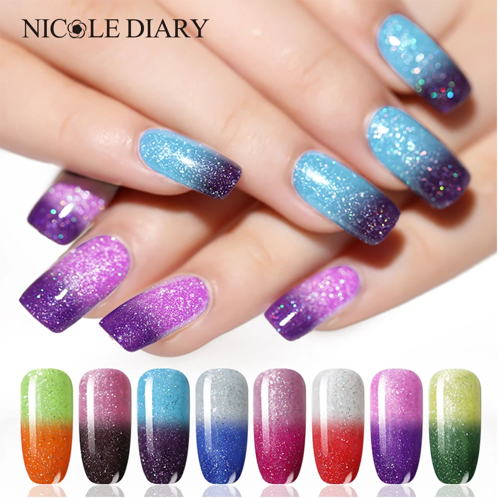 NICOLE DIARY Glitter Temperature Nail Polish Purple Color Changing ...