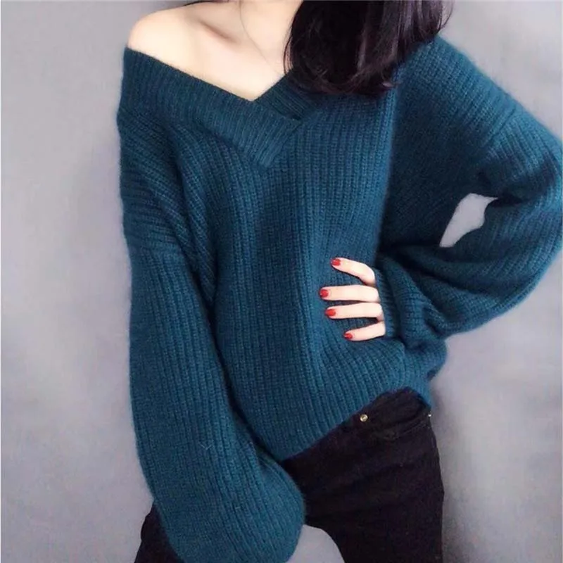 

Autumn and Winter Knit Casual Women's Sweater 2019 New Solid color Loose Lazy Long sleeve V-neck Pullover Women Sweater NUW276