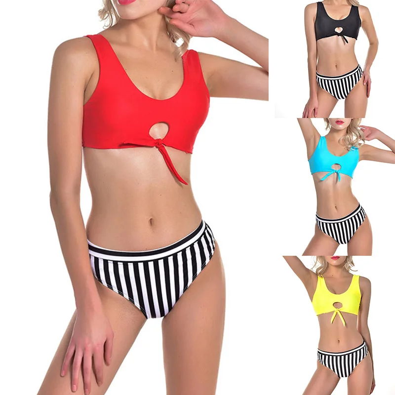 

Ladies Swimsuits Solid Color Bikini Bra Striped Briefs Summer Swimsuits for Swimming MSD-ING