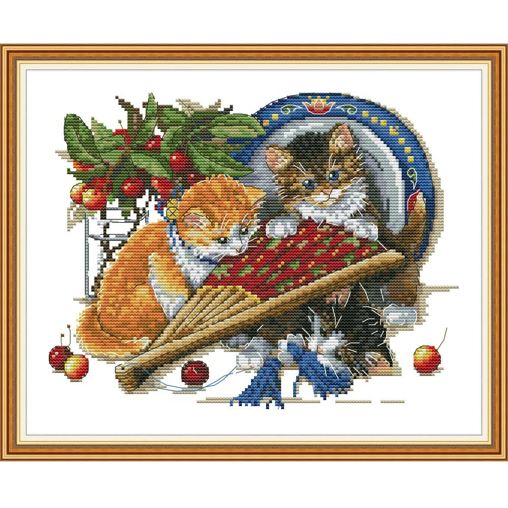 

NKF Cat and Fan Cross Stitch Kits 11CT 14CT Chinese Embroidery Needlework Set Cross Stitch Pattern for Home Decor