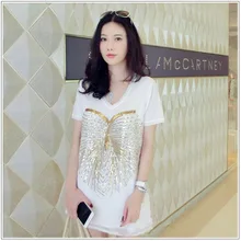 Фирменный дизайн, расшитая бисером футболка с v-образным вырезом, свободная Тонкая Повседневная футболка с короткими рукавами, Femme RM-196