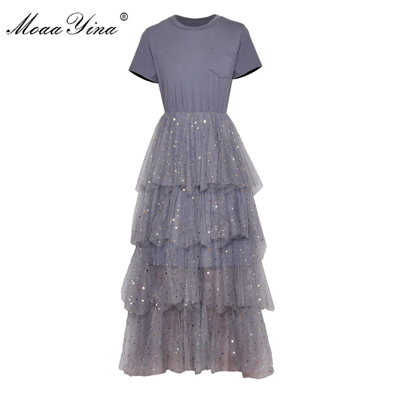 

MoaaYina Fashion Designer Runway dress Spring Summer Women Dress Short sleeve Patchwork Mesh Sequin Cascading Ruffle Dresses