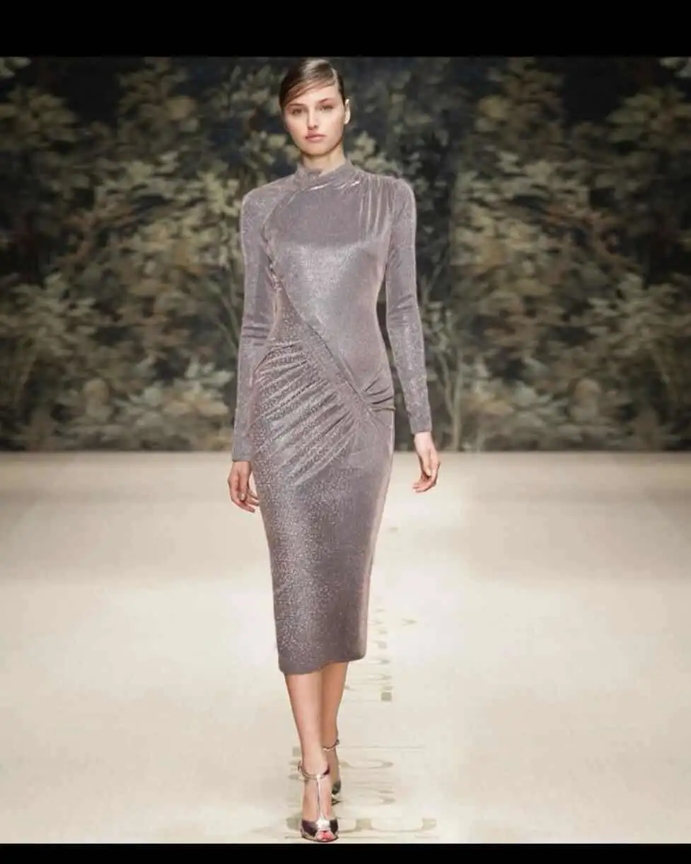 

2019 Elegant bodycon dress fashion silm temperament long sleeve dress boho vintage pleated midi women's clothing spring dresses