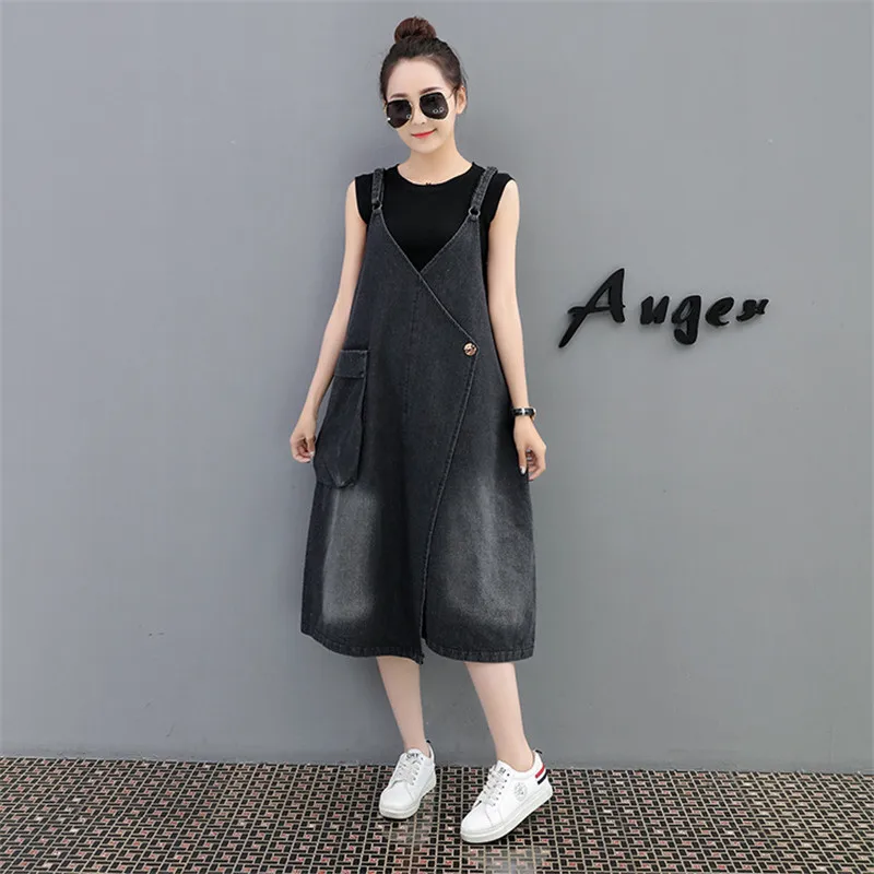 Denim Strap dress for women 2018 spring summer Big pocket Sleeveless jeans dress large size Young girl Loose dress IOQRCJV H462