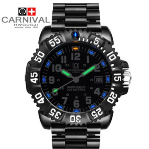 Carnival tritium luminous men quartz watches waterproof 200m dive military sports full steel luxury brand watch big dial relogio