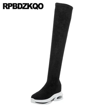 

wedge platform casual slip on over the knee long suede slim thigh women boots high heel shoes muffin flatform sheepskin black