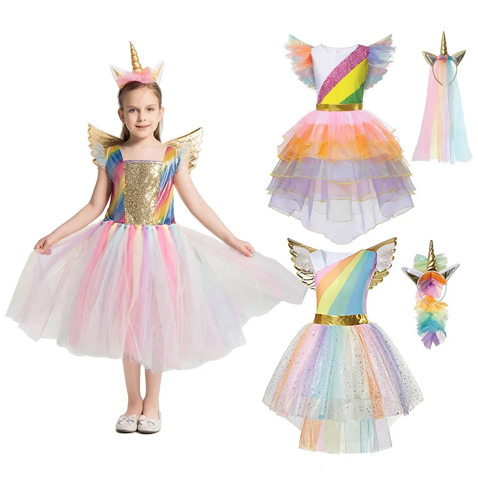 

MUABABY Girls Sequins Fancy Unicorn Dress Up With Wing And Headband Summer Children Layered Princess Costume Kids Birthday Dress