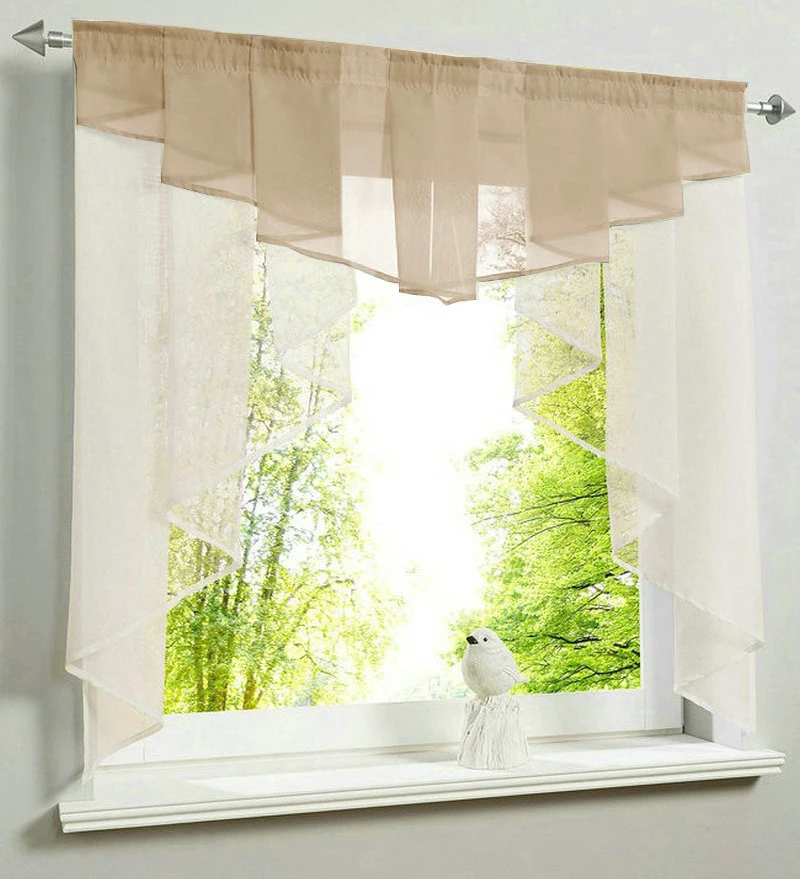 

Pleated Valance Design Stitching Colors Beige Main Body Color Tulle Balcony Kitchen Door Window Curtain 1 PCS