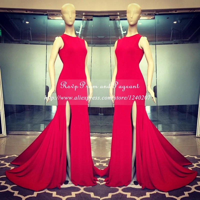 Cheap Floor Length Gowns Red Long Prom Dresses 2017 O neck Sleeveless Stretch Satin Mermaid Prom
