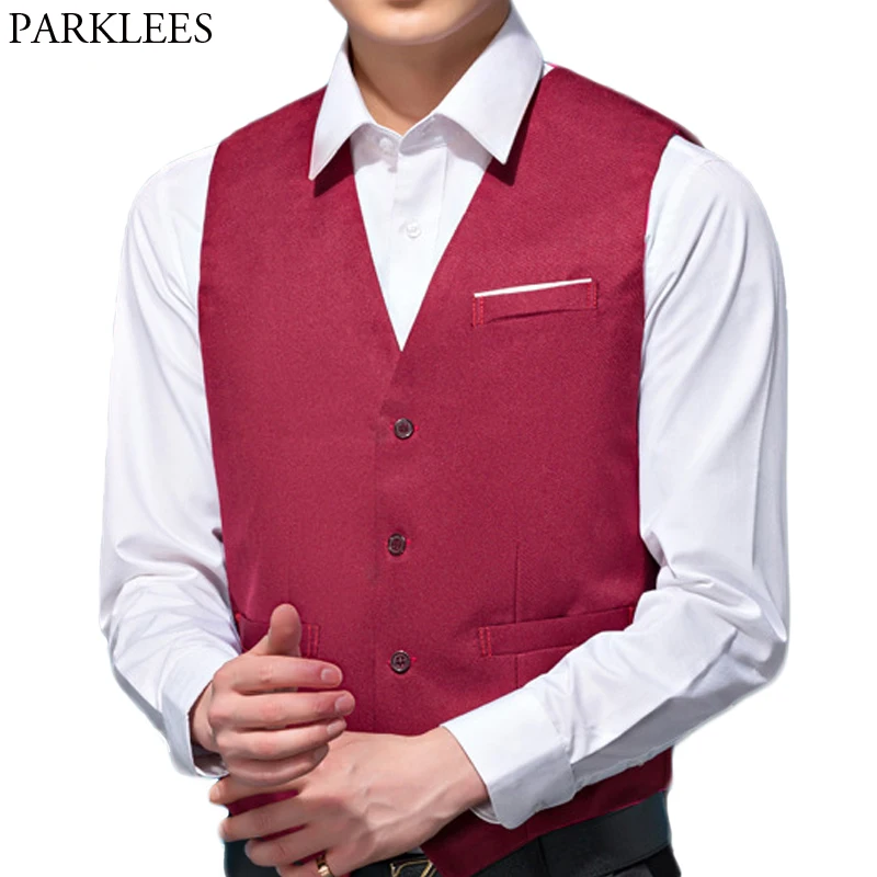 

Mens V Neck Suit Vest Casual Regular Fit Single Breasted Wine Red Wedding Dress Waistcoat 2018 Business Work Gilet Homme Top 4XL