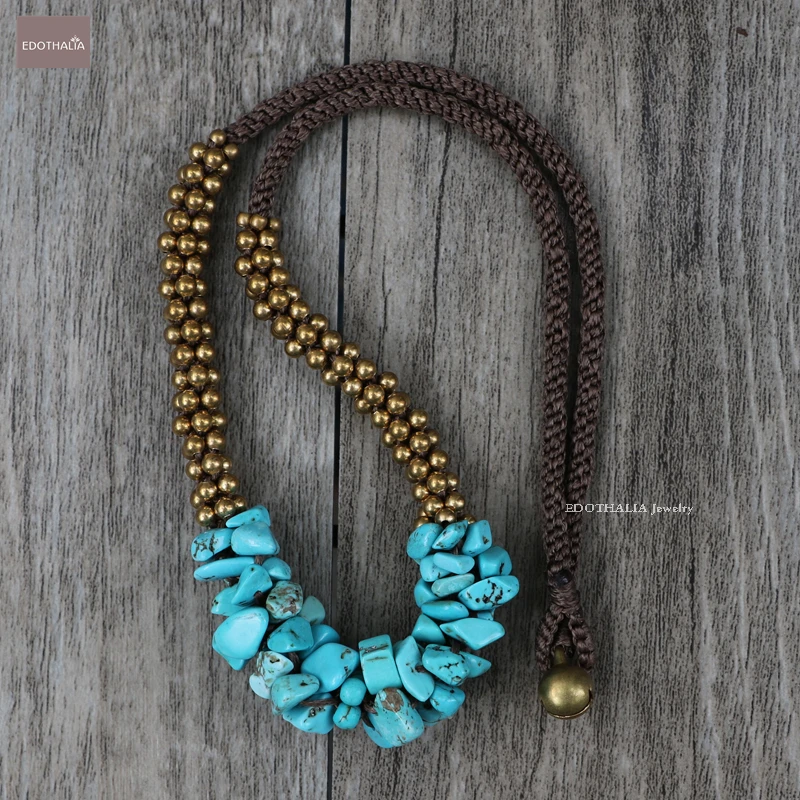 EDOTHALIA Vintage Style Brass Bell Beads Necklaces For Women Chip Blue Stone/ One Big Stone Pendants Maxi necklace Reloj Mujer | Украшения