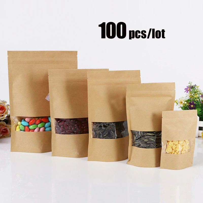 

100pcs Kraft Paper Bag Zip Lock Bag with Window Gift Bag Tea Packaging Food Stand Up Pouches Zipper Kraft Bag
