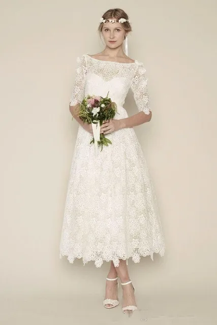 Summer Boho Tea Length Lace Wedding Dresses Off Shoulders Half Summer Boho Tea Length Lace Wedding Dresses Off Shoulders Half Sleeves Zipper Back Elegant Beach